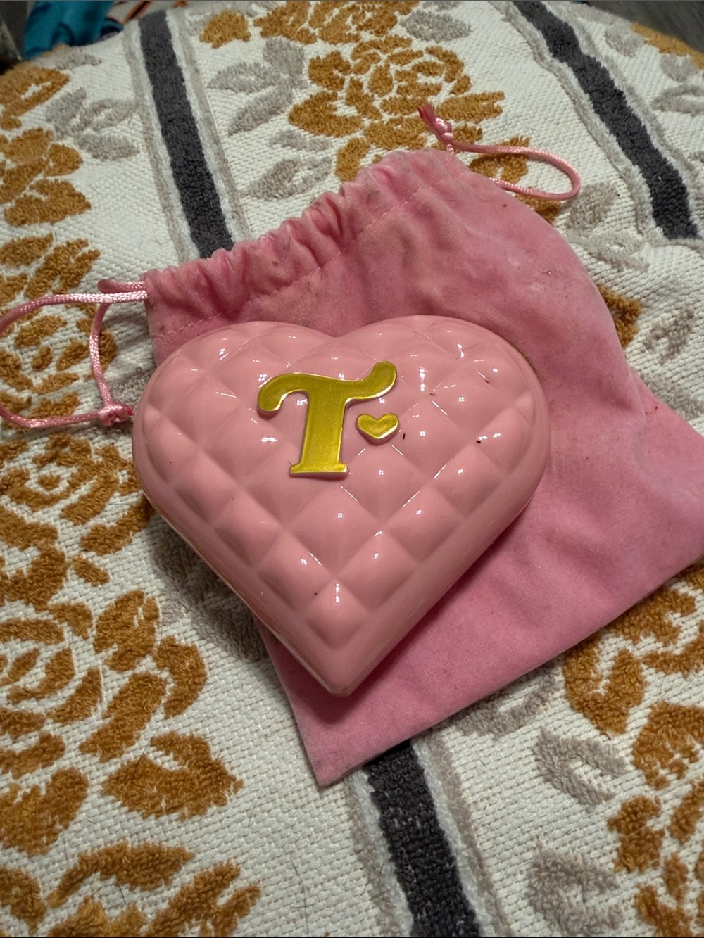 Trixie Cosmetics Pink Quilted Heart Compact with Gold Accent